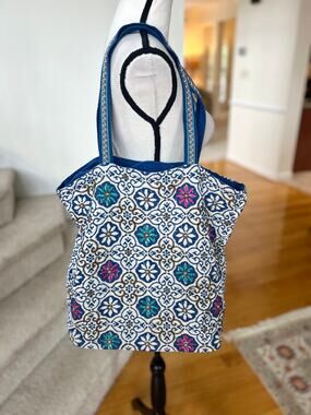 Stephanie Nicole Blue White Mosaic Beaded Floral Indian Tote Bag